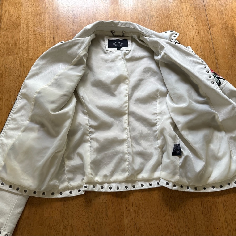 Embroidered studded faux leather moto jacket - Picture 10 of 12